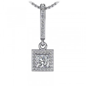 0.75 ct. Princess Cut Diamond Pendant with Square Shaped Halo and Accented Bail