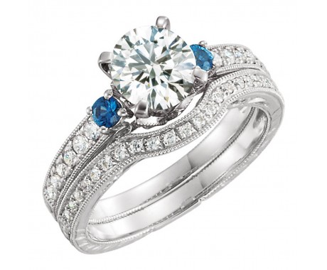 1.25 ct Ladies Round Cut Diamond And Sapphire Stone Engagement Set