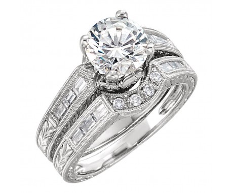 1.55 ct Ladies Round and Baguette Cut Diamond Engagement Set