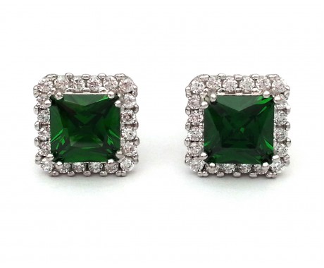 Emerald Princess Cut Cubic Zirconia Halo Stud Earrings in Sterling Silver with Pushback