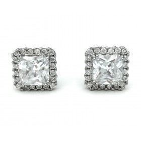 Princess Cut Cubic Zirconia Halo Stud Earrings in Sterling Silver with Pushback