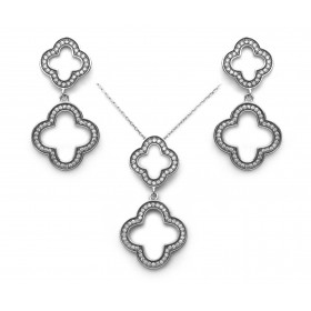 Designer Four Leaves Clover Stud Earrings and Pendant Set, Cubic Zirconia in Sterling Silver