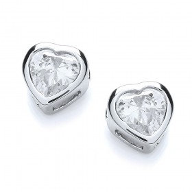 Ladies Cubic Zirconia Heart Shaped  Bezel Sterling Silver Stud Earrings