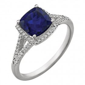 0.27 ct Ladies Round Cut Diamond And Cushion Cut Blue Sapphire Fancy Anniversary Ring