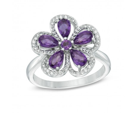 0.35 ct Ladie Diaomond Round Cut And Amethyst Pear Cut  Flower Ring