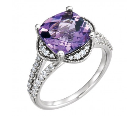 0.37 ct Ladies Round Cut Diamond and Cushion Cut Amethyst Anniversary Ring