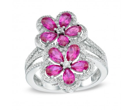 0.65 ct Ladies Round Cut Diamond And Ruby Flower Ring