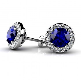 1.80 ct. Round Sapphire Stud Earrings with Framing Halo of Round Diamonds