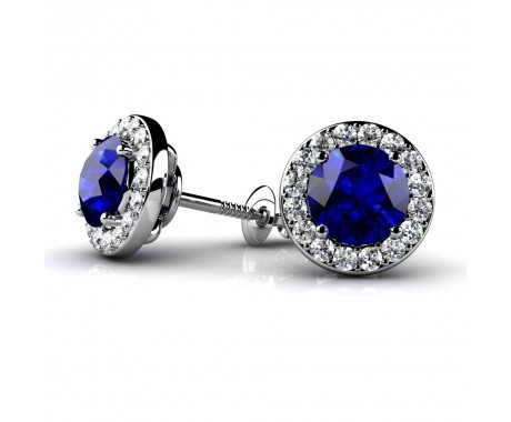 1.80 ct. Round Sapphire Stud Earrings with Framing Halo of Round Diamonds