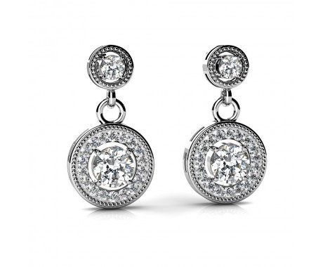 2.40 ct. Round Diamond Two Stone Halo Drop Earrings