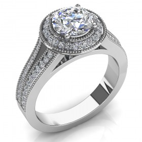 2.00 ct Round Cut Diamond Halo Engagement Ring with Accented Split Shank