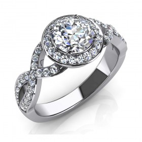 2.50 ct Round Cut Diamond Halo Engagement Ring with Interlacing Ribbons Shank