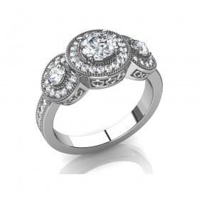 2.35 ct Three Stone Round Diamond Decorated Halo Engagement Ring