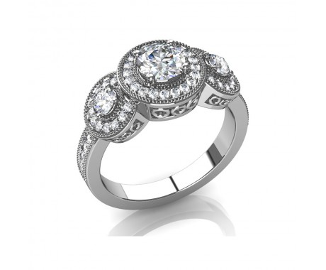 2.35 ct Three Stone Round Diamond Decorated Halo Engagement Ring