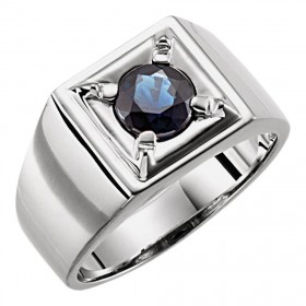 14 kt White Gold Men's Round Cut Blue Sapphire Ring