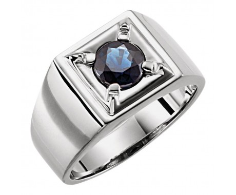 14 kt White Gold Men's Round Cut Blue Sapphire Ring