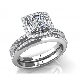 2.72 ct Princess Cut Diamond Halo Engagement Ring and Wedding Band Bridal Set