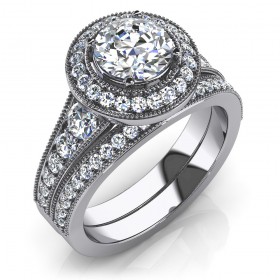3.35 ct Round Cut Diamond Halo Engagement Ring and Wedding Band Bridal Set
