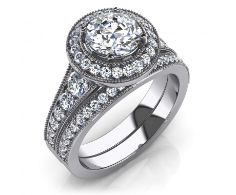3.35 ct Round Cut Diamond Halo Engagement Ring and Wedding Band Bridal Set