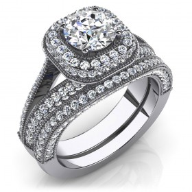 3.23 ct Round Cut Diamond Halo Engagement Split Shank Ring and Wedding Band Bridal Set