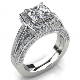 3.95 ct Princess Cut Diamond Halo Engagement Ring and Wedding Band Bridal Set