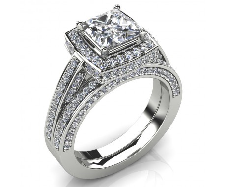3.95 ct Princess Cut Diamond Halo Engagement Ring and Wedding Band Bridal Set