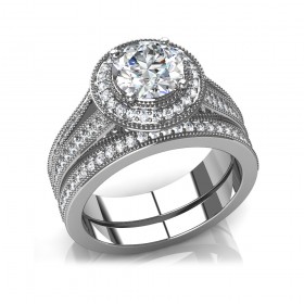 2.75 ct Round Cut Diamond Halo Engagement Split Shank Ring and Wedding Band Bridal Set