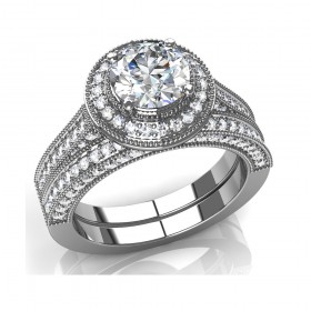 3.00 ct Round Cut Diamond Halo Engagement Ring and Matching Wedding Band Bridal Set