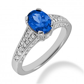 2.50 ct. Round Cut Diamond Fancy Anniversary Cocktail Ring With Natural Oval Cut Blue Sapphire