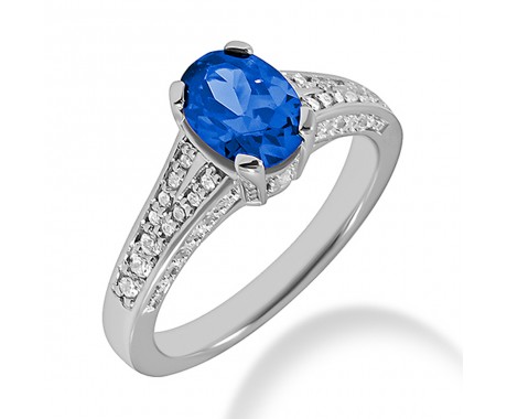 2.50 ct. Round Cut Diamond Fancy Anniversary Cocktail Ring With Natural Oval Cut Blue Sapphire