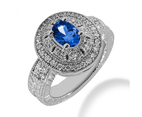 1.40 ct. Natural Blue Sapphire and  Round Cut Diamond Fancy Anniversary Cocktail Ring